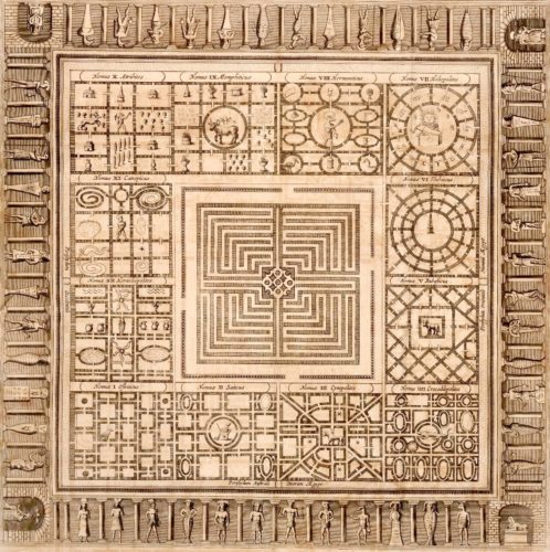 Diagram of an Ancient Egyptian labyrinth imagined by the Jesuit polymath Athanasius Kircher in his Oedipus Aegyptiacus [Egyptian Oedipus] (Rome, 1653).